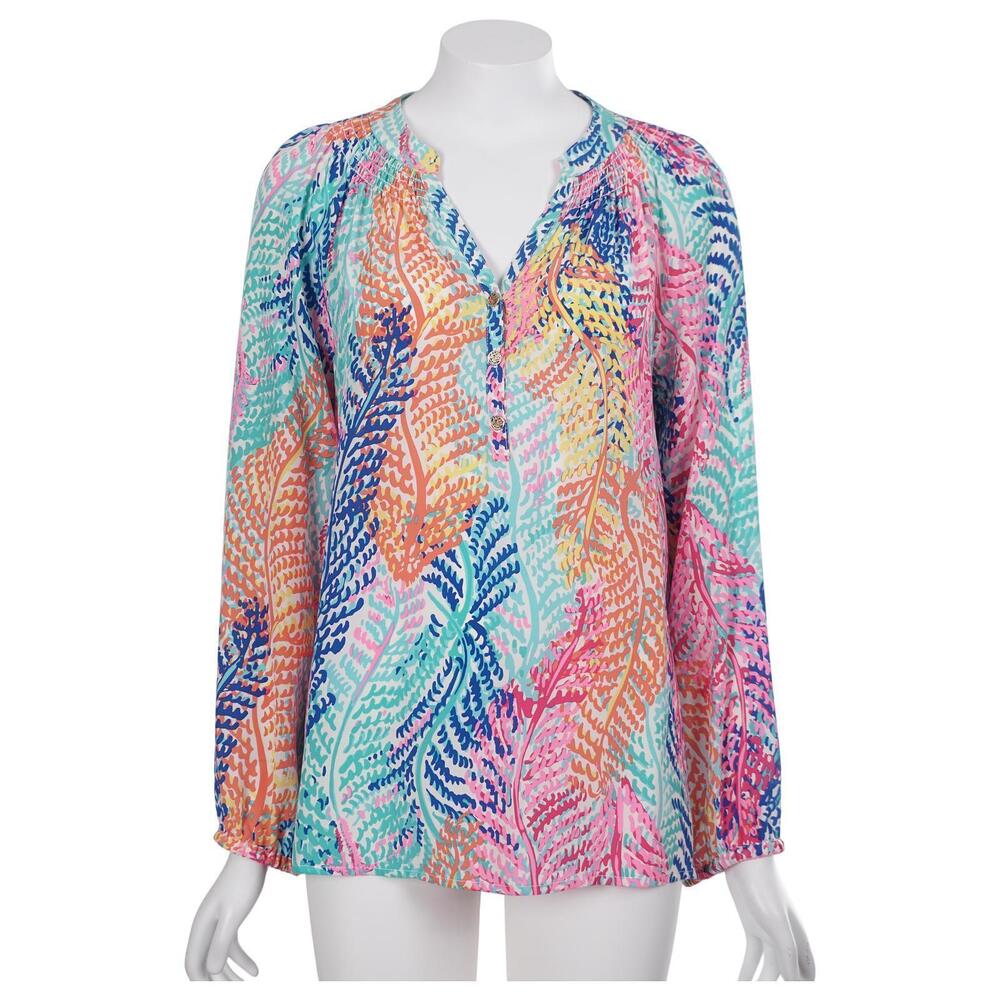 Lilly Pulitzer Elsa Top S Silk Electric Feel Print Colorful Long Sleeve Pullover